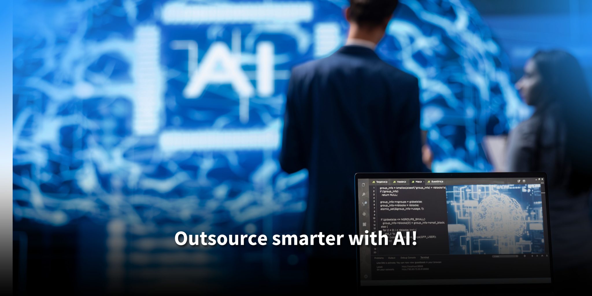 An AI-themed presentation on a screen in a tech-forward office, with silhouettes of two professionals in the background. Text reads: 'Outsource smarter with AI!