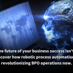 Futuristic image featuring a glowing digital brain and a laptop screen displaying a digital world map. This visual symbolizes the transformative power of robotic process automation in revolutionizing BPO operations.